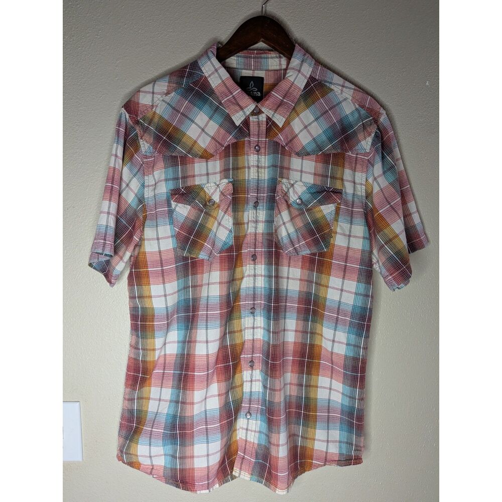 Prana Men’s XL Plaid Western Pearl Snap Shirt Short Sleeve Multicolor